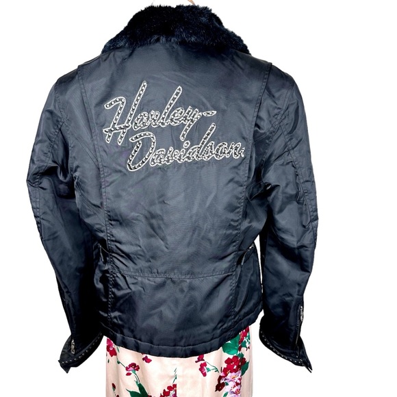 Harley Davidson Women’s Nylon Motorcycle Biker Jacket Black Cropped Small Fur - Picture 8 of 17